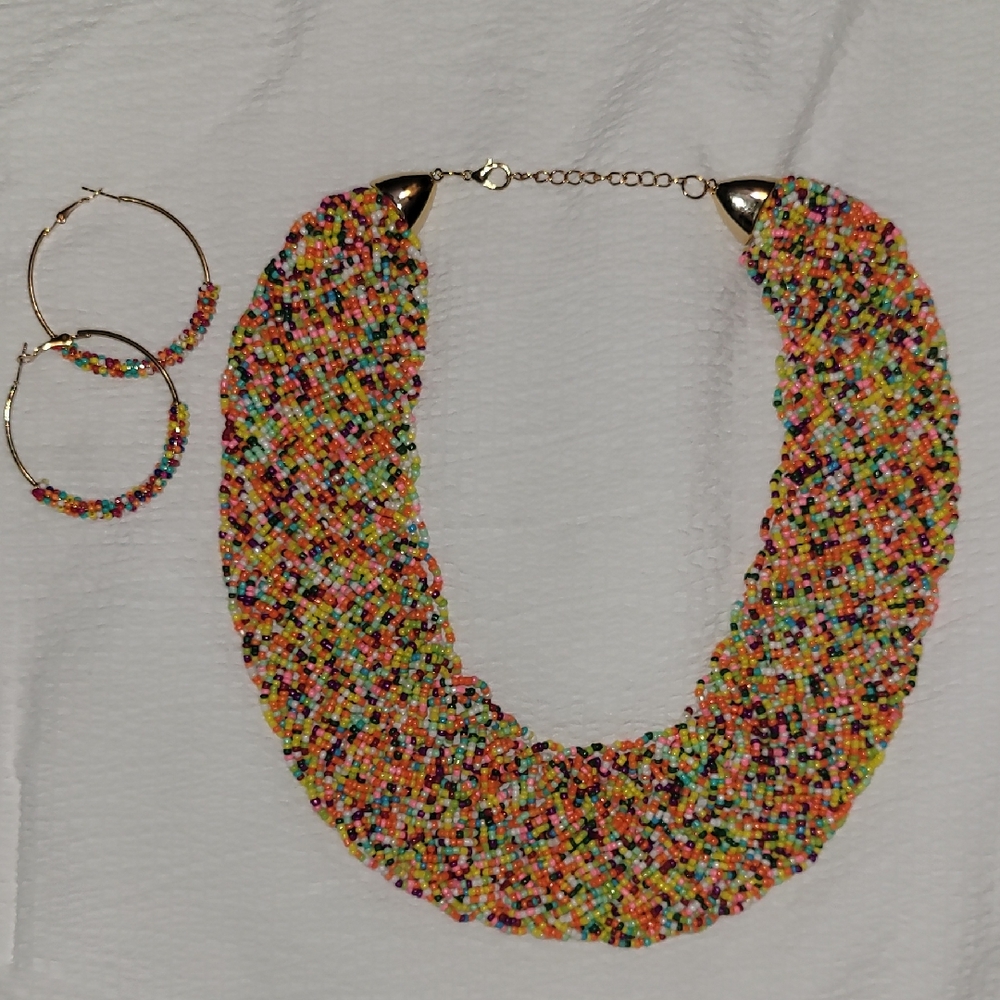 Multicolor Beaded Necklace and Hoop Earrings Set